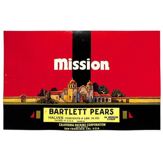 1941 Paper Fruit Can Label Mission Brand Bartlett Pears Halves VGC Scarce