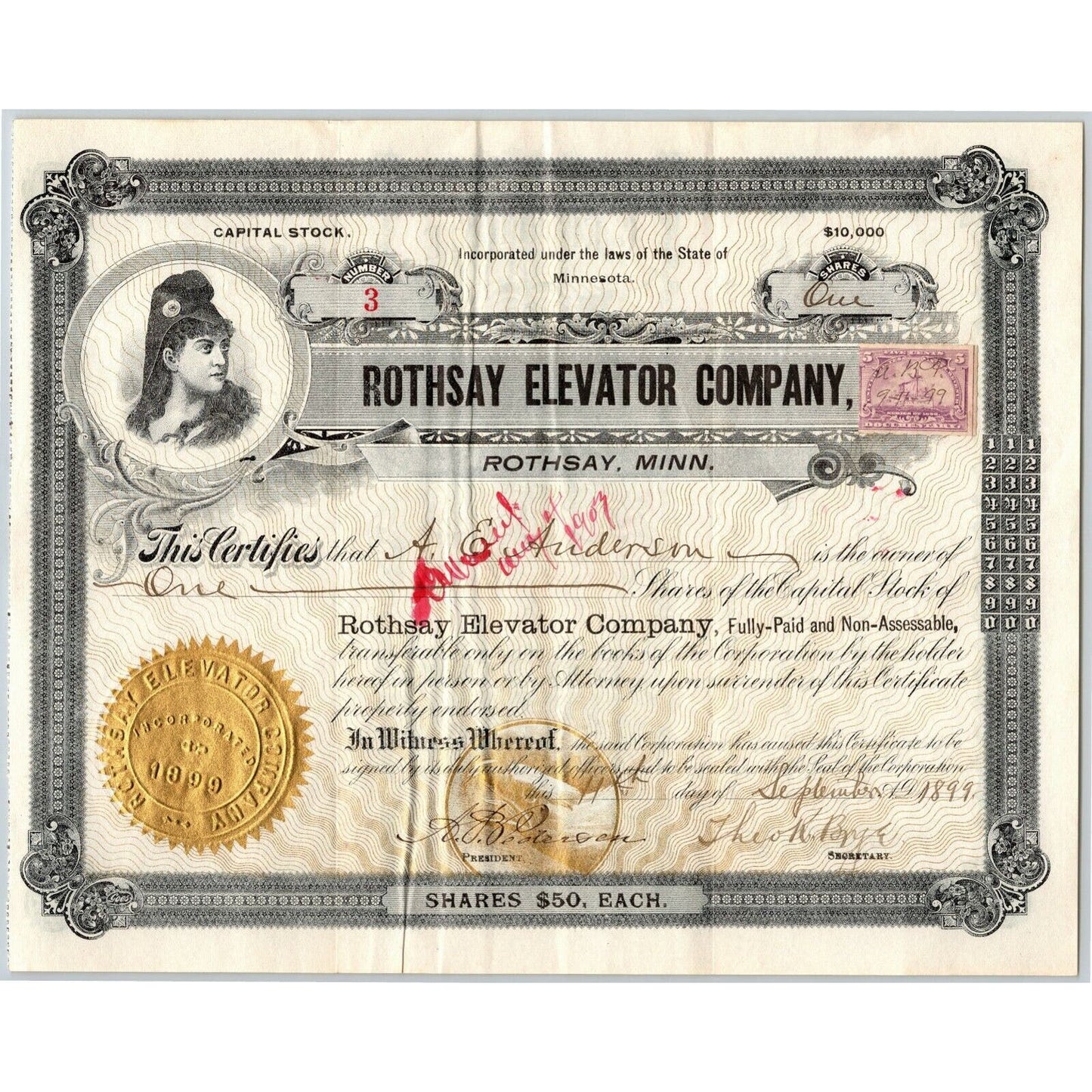 1899 Stock Certificate "Rothsay Elevator Company" Minnesota w/ Eagle Watermark