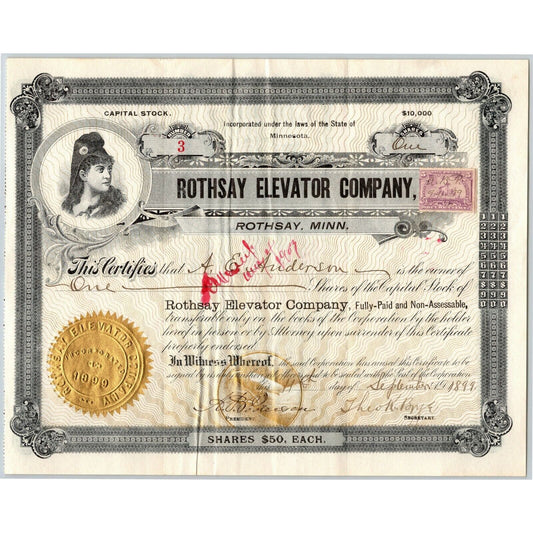 1899 Stock Certificate "Rothsay Elevator Company" Minnesota w/ Eagle Watermark