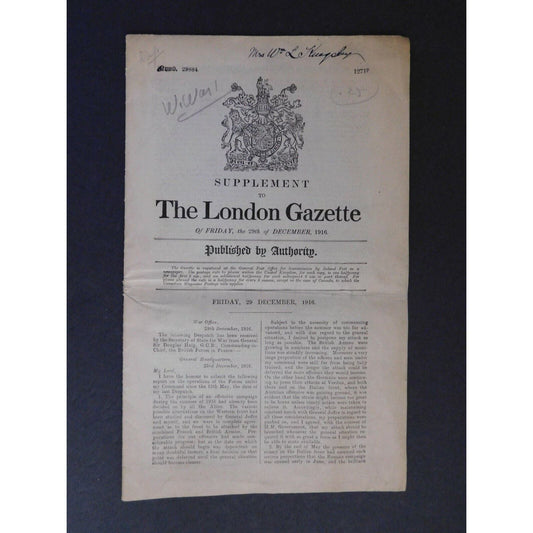 WWI Era Newspaper - "Third Supplement to The London Gazette" Dec 29 1916 14+pgs