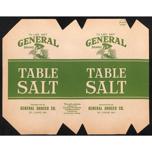 General Brand Table Salt Paper Label c1930's General Grocer St. Louis Scarce