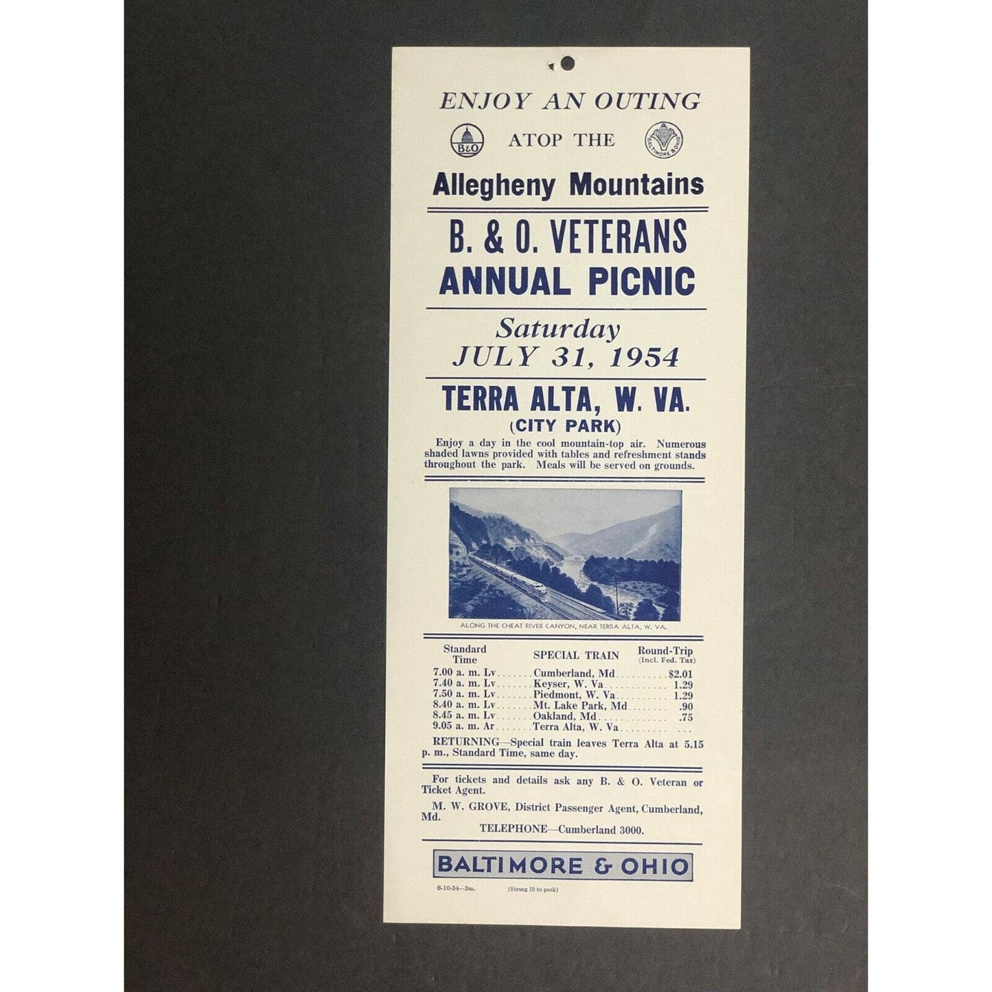 1954 Baltimore & Ohio RR Broadside Veterans Annual Picnic Allegheny Mountains