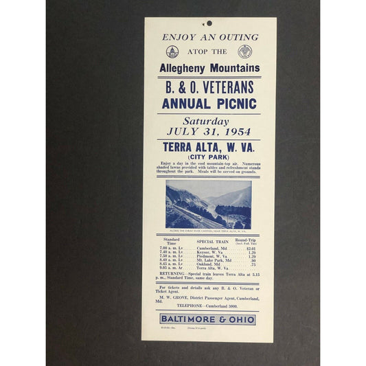 1954 Baltimore & Ohio RR Broadside Veterans Annual Picnic Allegheny Mountains