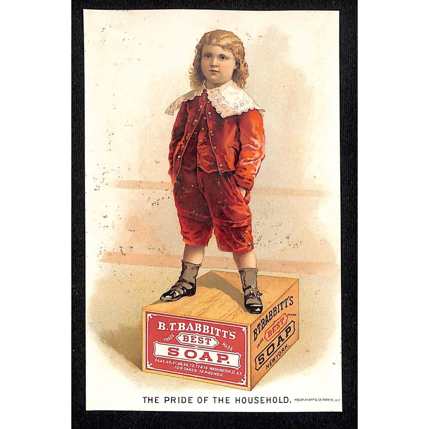 Babbitt's Soap Victorian Trade Card Boy in Fancy Outfit Stands on Case of Soap.