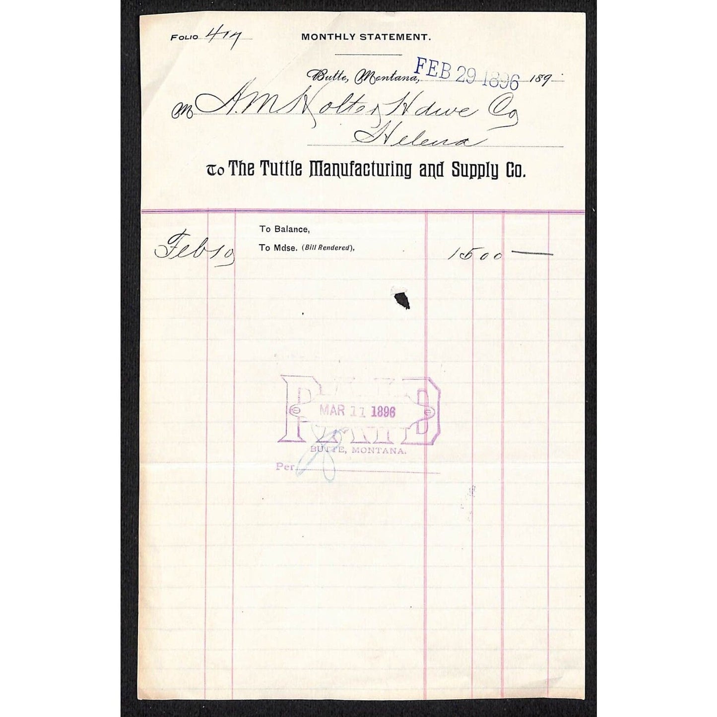 Butte, MT The Tuttle Manufacturing and Supply (Foundry) Feb 1896 Billhead Scarce
