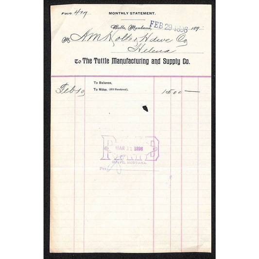 Butte, MT The Tuttle Manufacturing and Supply (Foundry) Feb 1896 Billhead Scarce