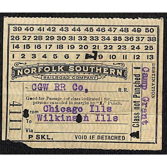 Norfolk Southern Railroad Ticket to Chicago to Wilkinson, IL #4111 Scarce