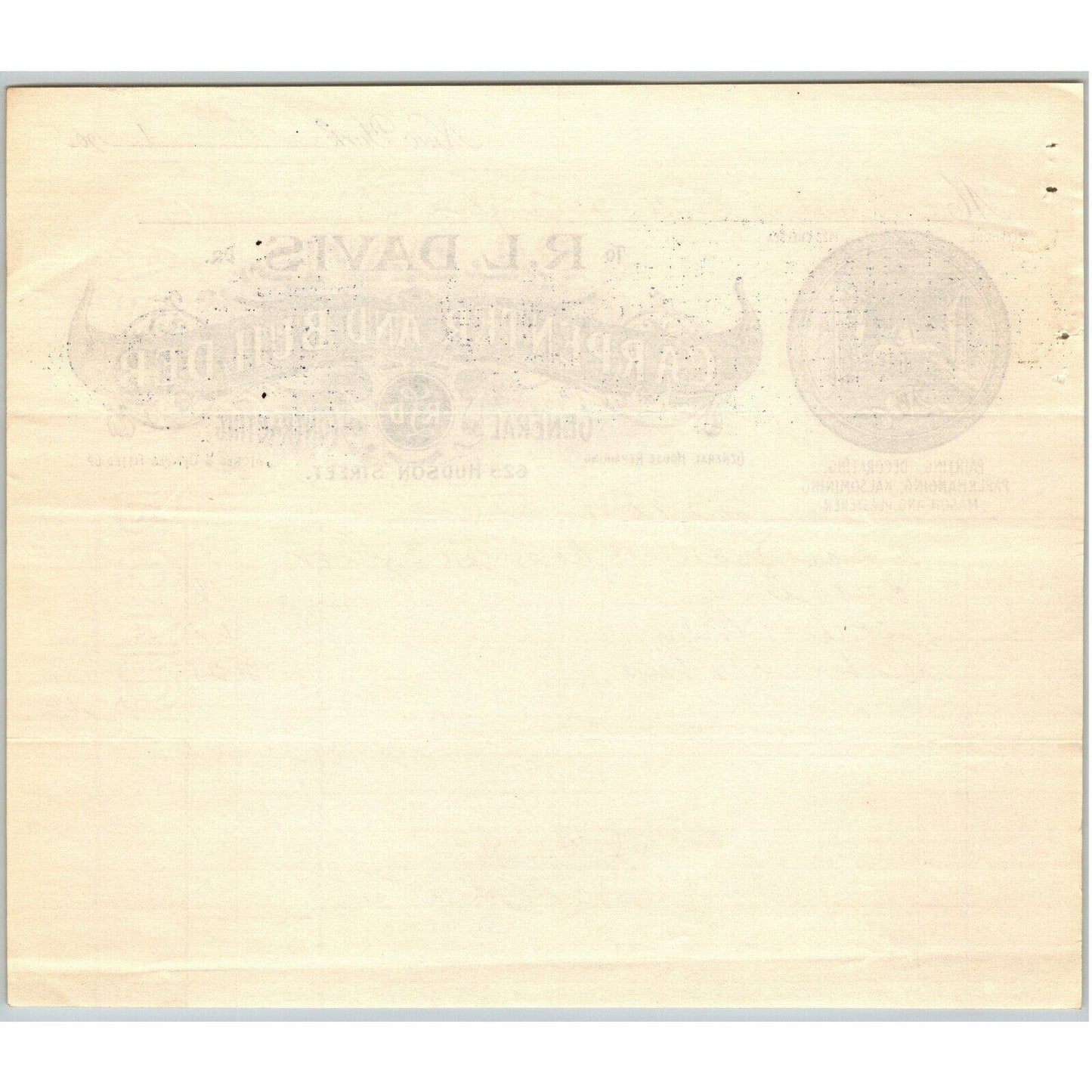 1905 "R. L. Davis, Carpenter and Builder" Billhead Letterhead Hudson St NYC
