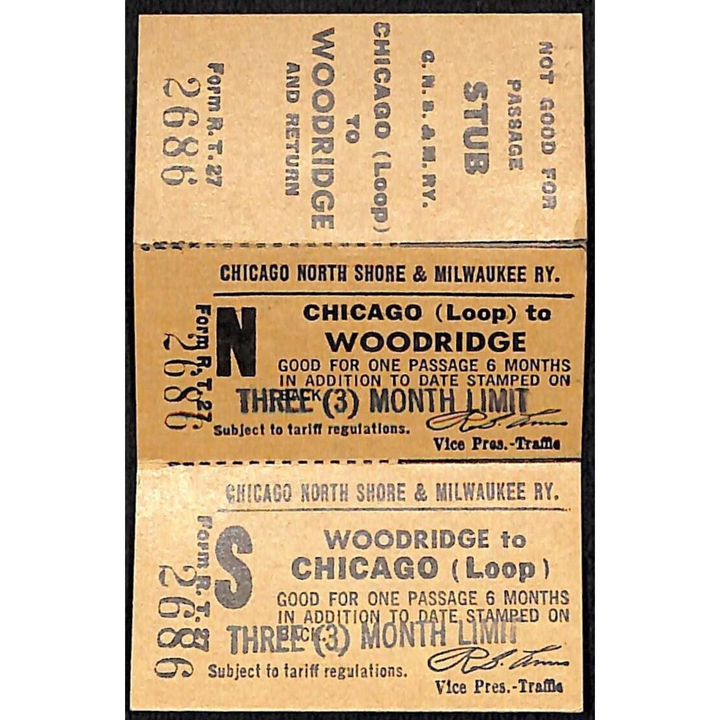 Chicago North Shore & Milwaukee RY Ticket w/ Stub Loop / Woodbridge #2686