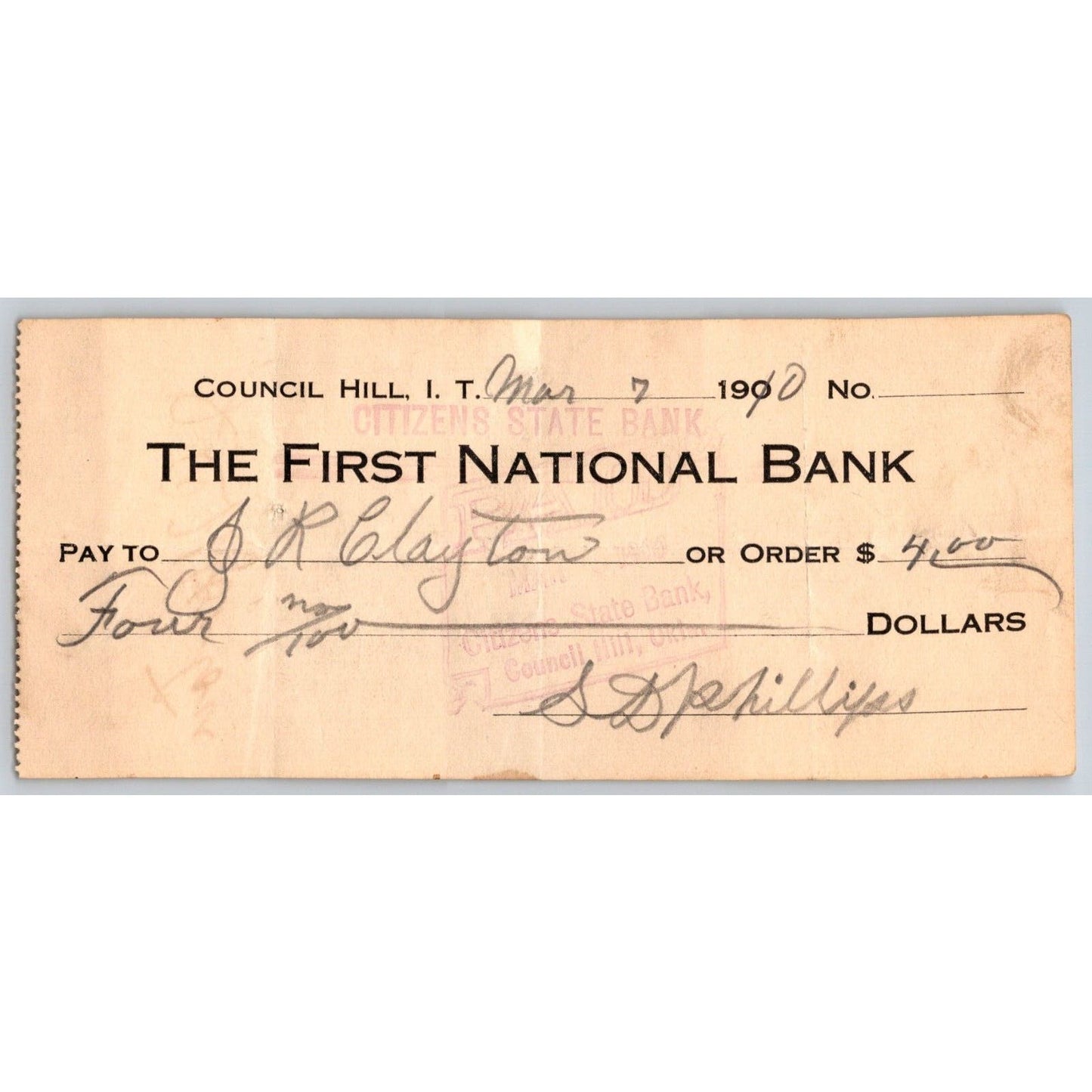 Council Hill, OK Indian Territory* 1910 FNB Check - Scarce