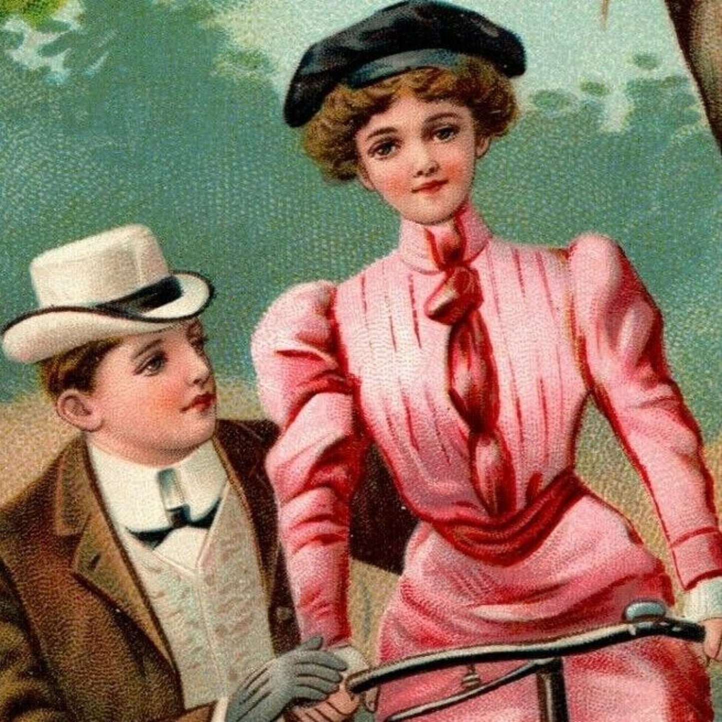 Romantic Postcard c1912 Woman on Bicycle w/ Man Running Along - Cupid - Embossed
