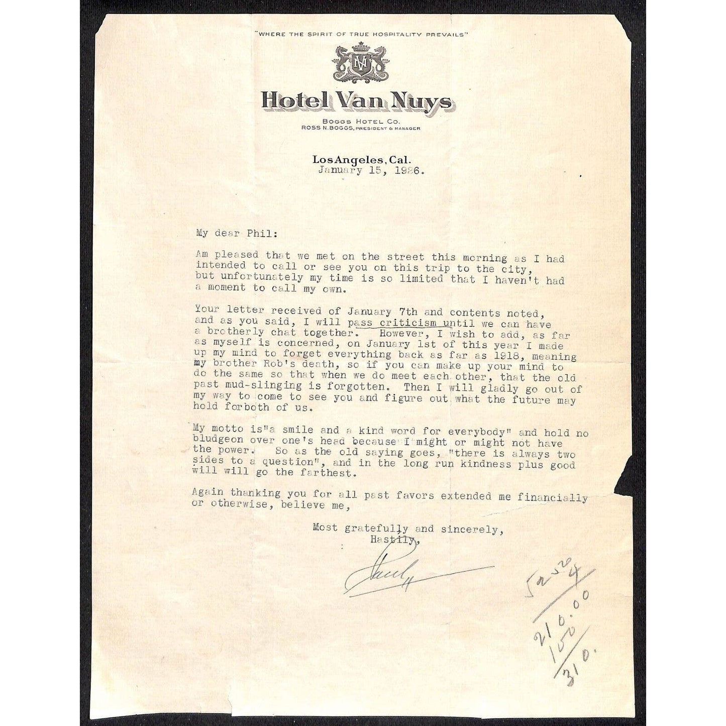 Hotel Van Nuys Los Angeles 1926 Stationary Letterhead re "Old Past Mud-slinging"