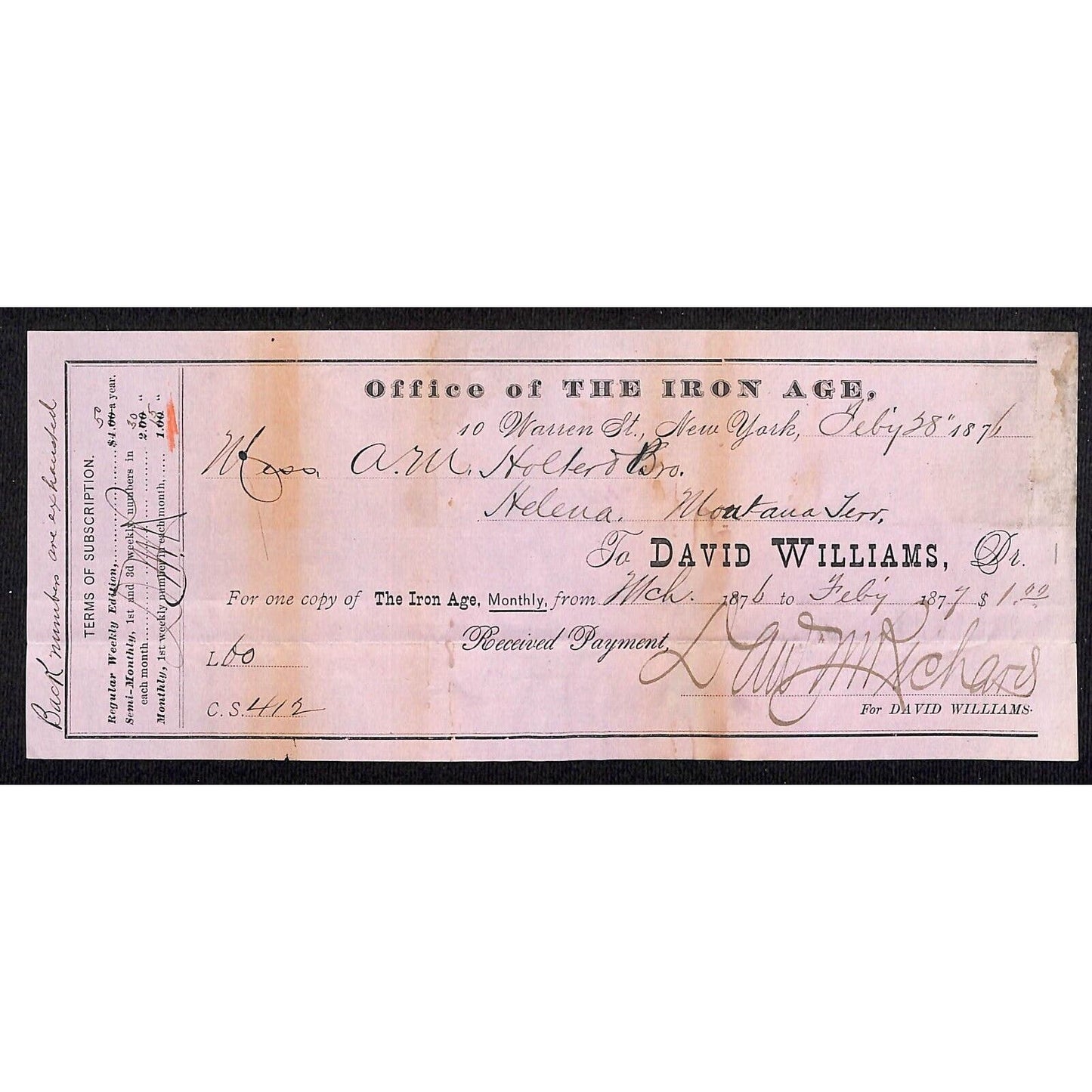 Iron Age Monthly 1876 Bank Check Warren St. NYC New York, NY Helena, MT Scarce