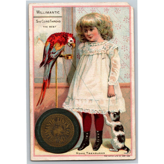 Girl with Cat and Parrot - Willimantic Six Cord Thread Victorian Trade Card
