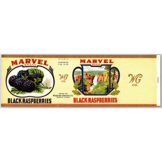 Marvel Black Raspberries Paper Can Label Webster Grocer Danville c1920's