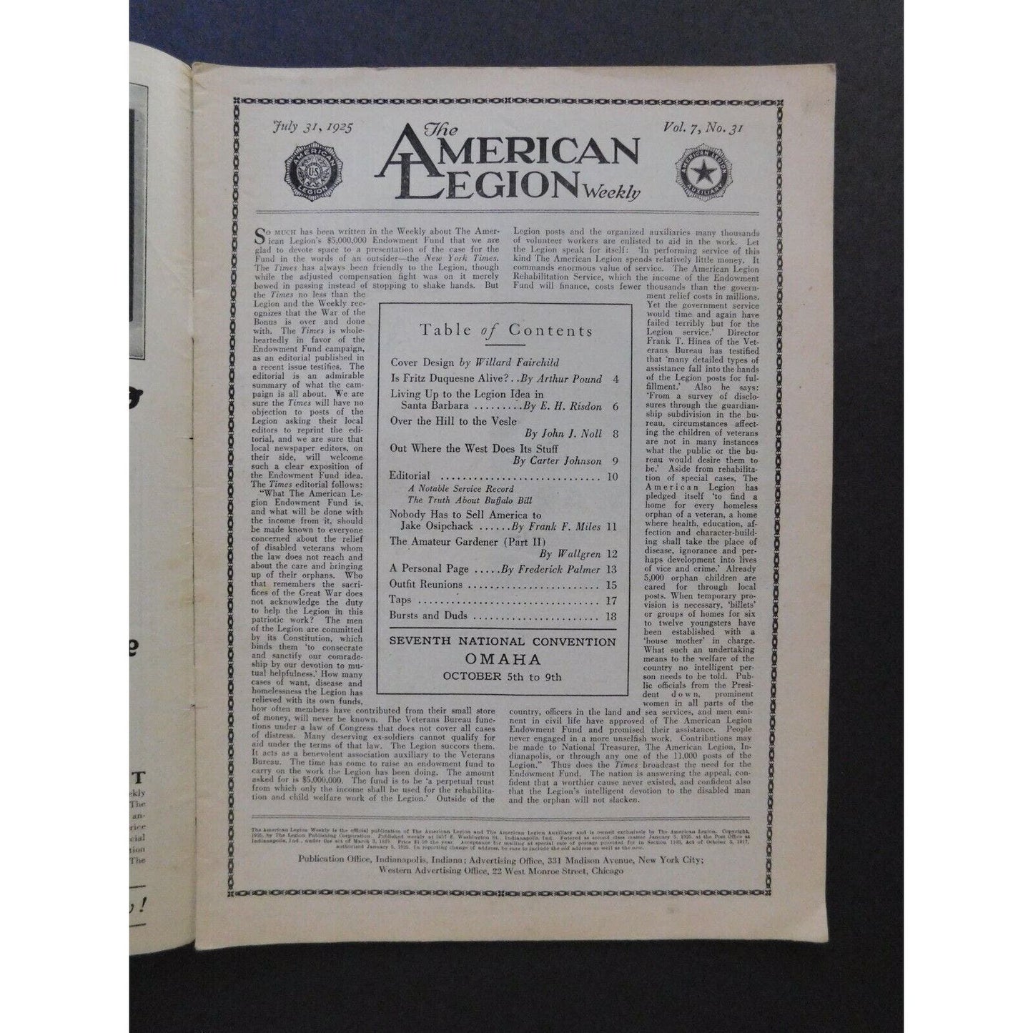 "The American Legion Weekly" July 31 1925 - 18 pgs.