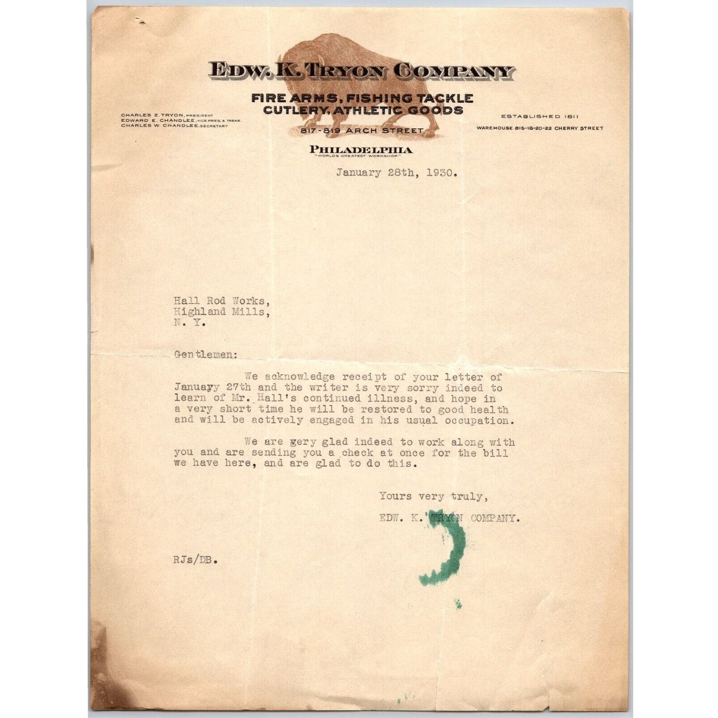 Edw. K. Tryon Company Philadelphia 1930 - Fire Arms Fishing Tackle Letterhead
