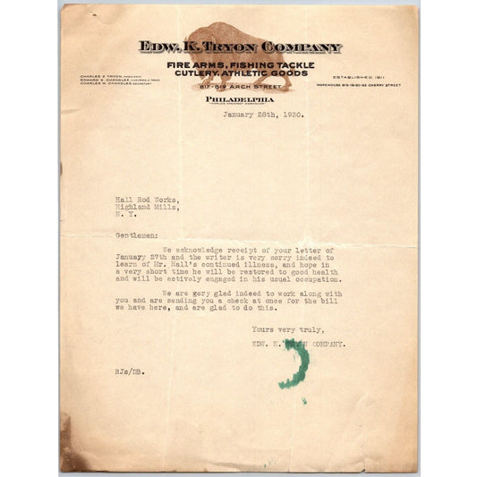Edw. K. Tryon Company Philadelphia 1930 - Fire Arms Fishing Tackle Letterhead