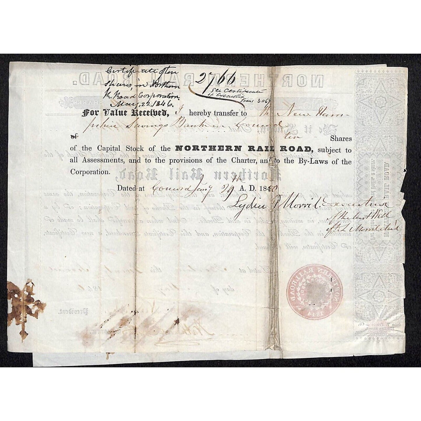 1846 & 1848 Northern R.R. Stock Certificates "David L. Morril" NH Gov. (1824-27)