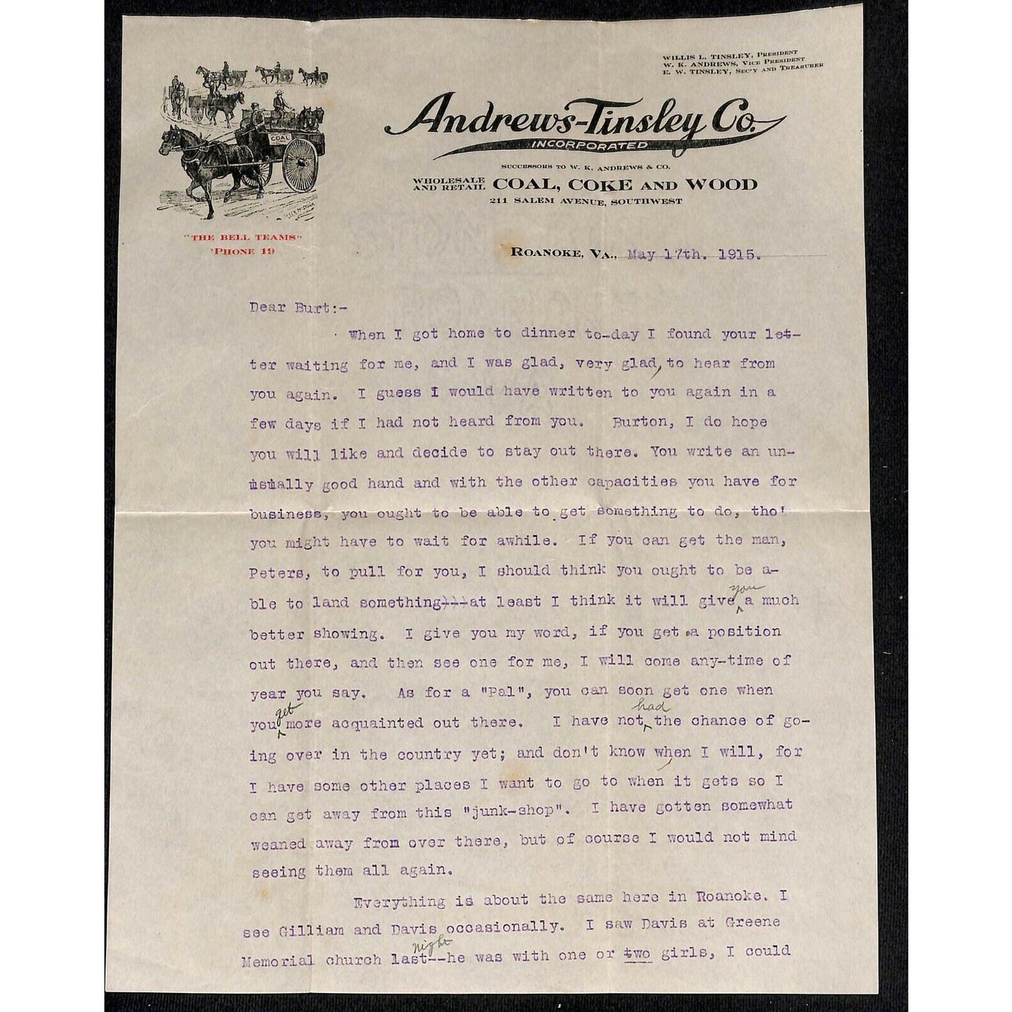 1915 Scarce 2 pg. Andrews-Tinsley Co. Coal Letterhead Roanoke, Virginia w/ Cover