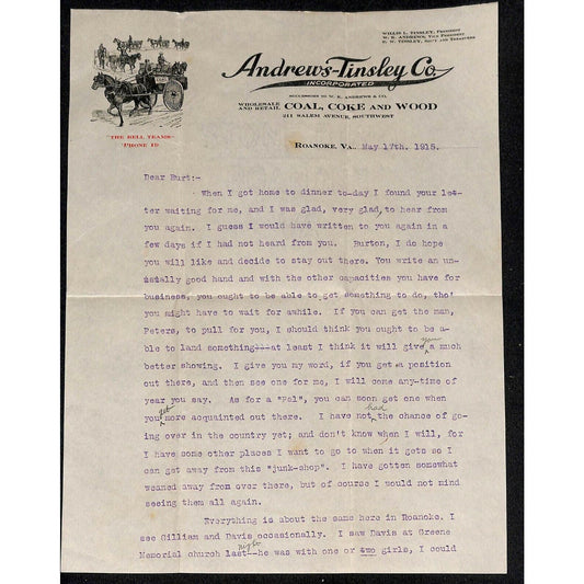 1915 Scarce 2 pg. Andrews-Tinsley Co. Coal Letterhead Roanoke, Virginia w/ Cover