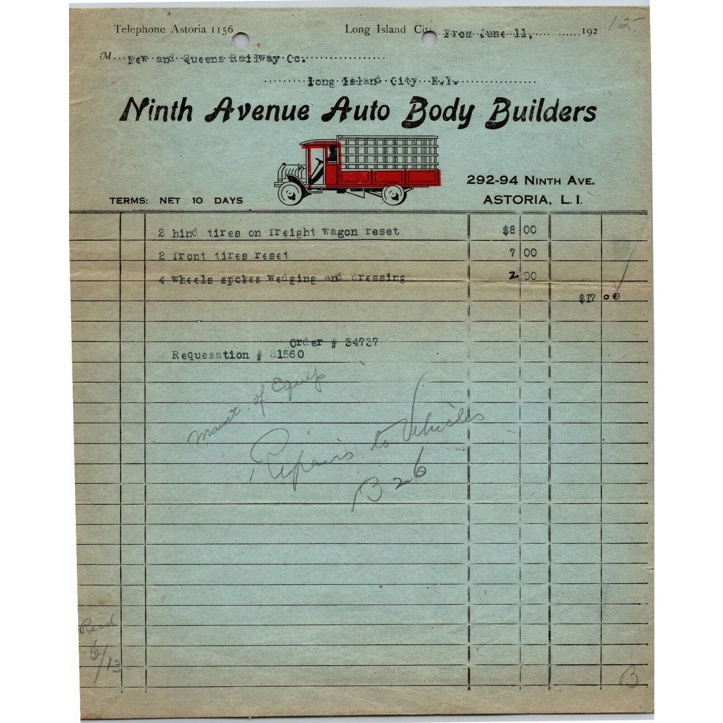 Ninth Avenue Auto Body Builders 1926 Letterhead Astoria, LI NY "..Hind Tires"