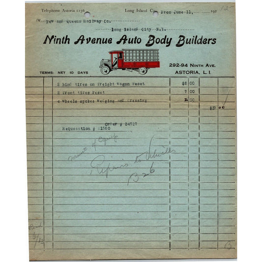 Ninth Avenue Auto Body Builders 1926 Letterhead Astoria, LI NY "..Hind Tires"