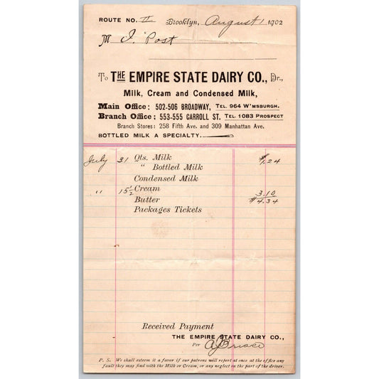 Empire State Dairy Brooklyn, NY August 1 1902 Billhead to: Isaac Post VGC