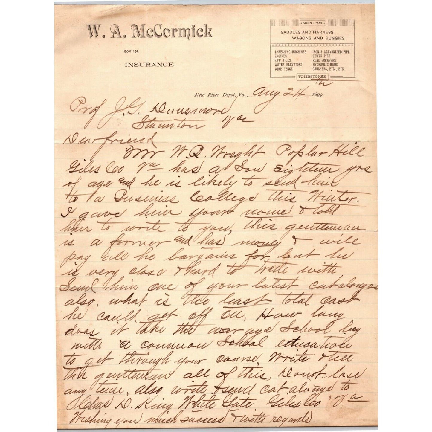 1899 Scarce New River Depot, VA Letterhead W.A. McCormick Insurance Tombstones