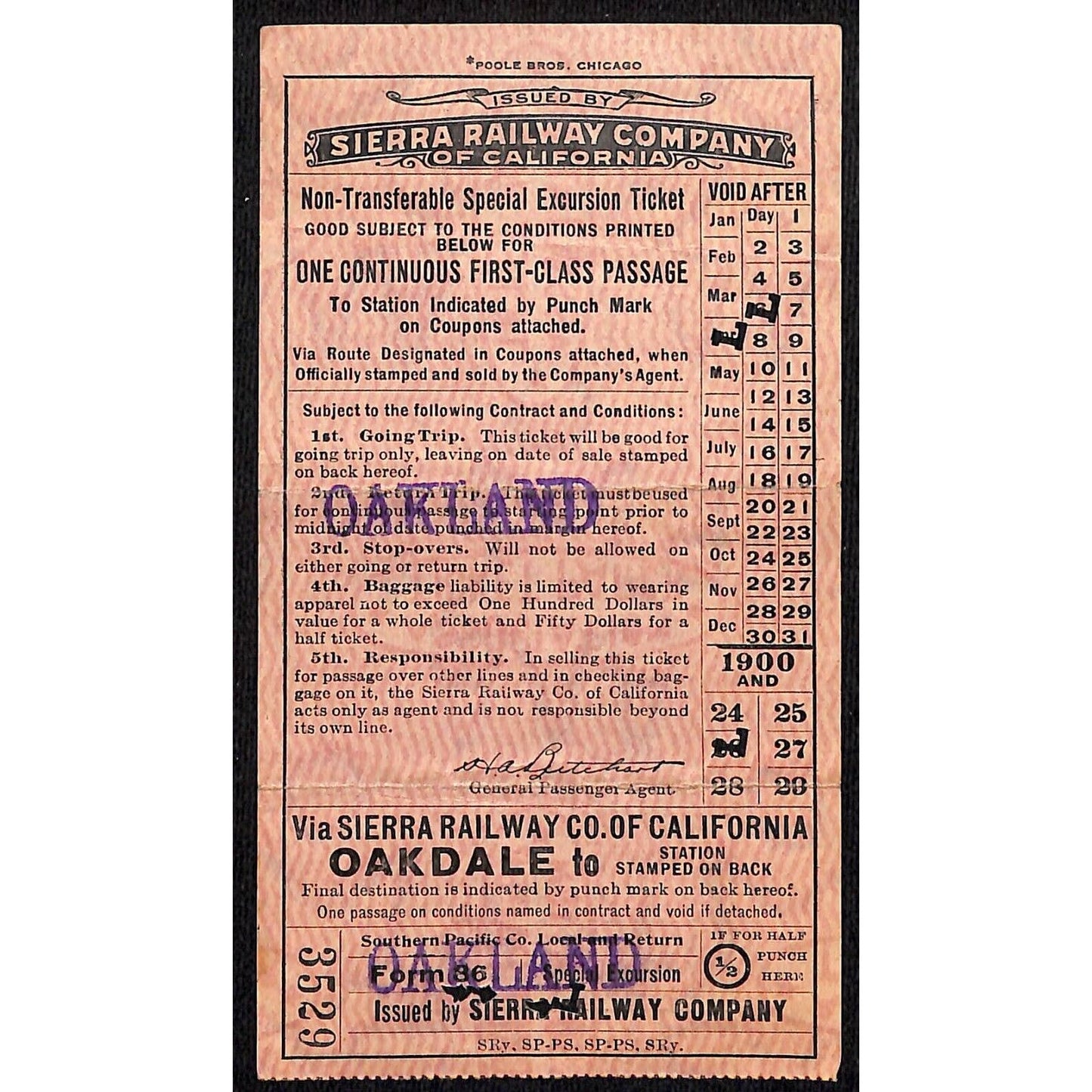 1926 Sierra Railway Company of California First Class Ticket Oakland