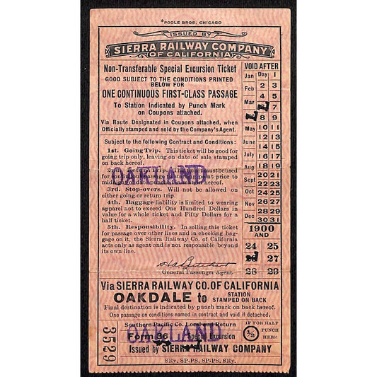 1926 Sierra Railway Company of California First Class Ticket Oakland