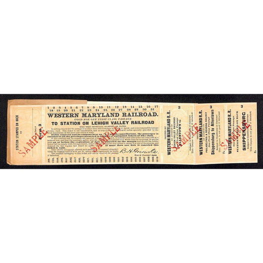 1897 Philadelphia Reading Railway Ticket + Western Maryland Railroad SAMPLE