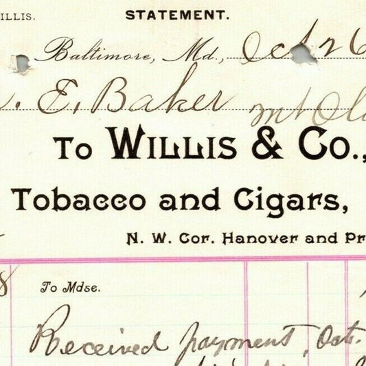 1895 Letterhead Billhead Willis & Co. Tobacco Cigars Baltimore Ephraim Baker*