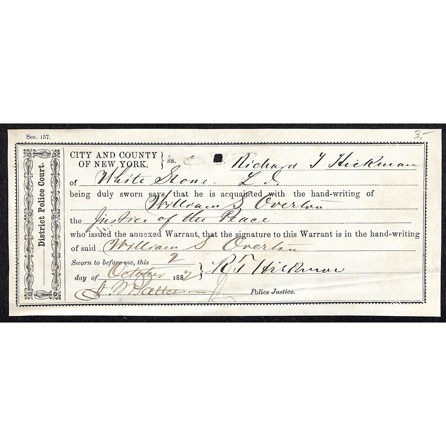 Whitestone, L.I, NY 1882 Signed Justice of the Peace Police Court Warrant