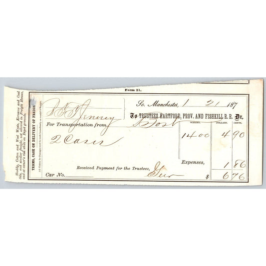 Hartford, Providence and Fishkill Railroad c1870-79 Freight Receipt 1,400 Lbs.