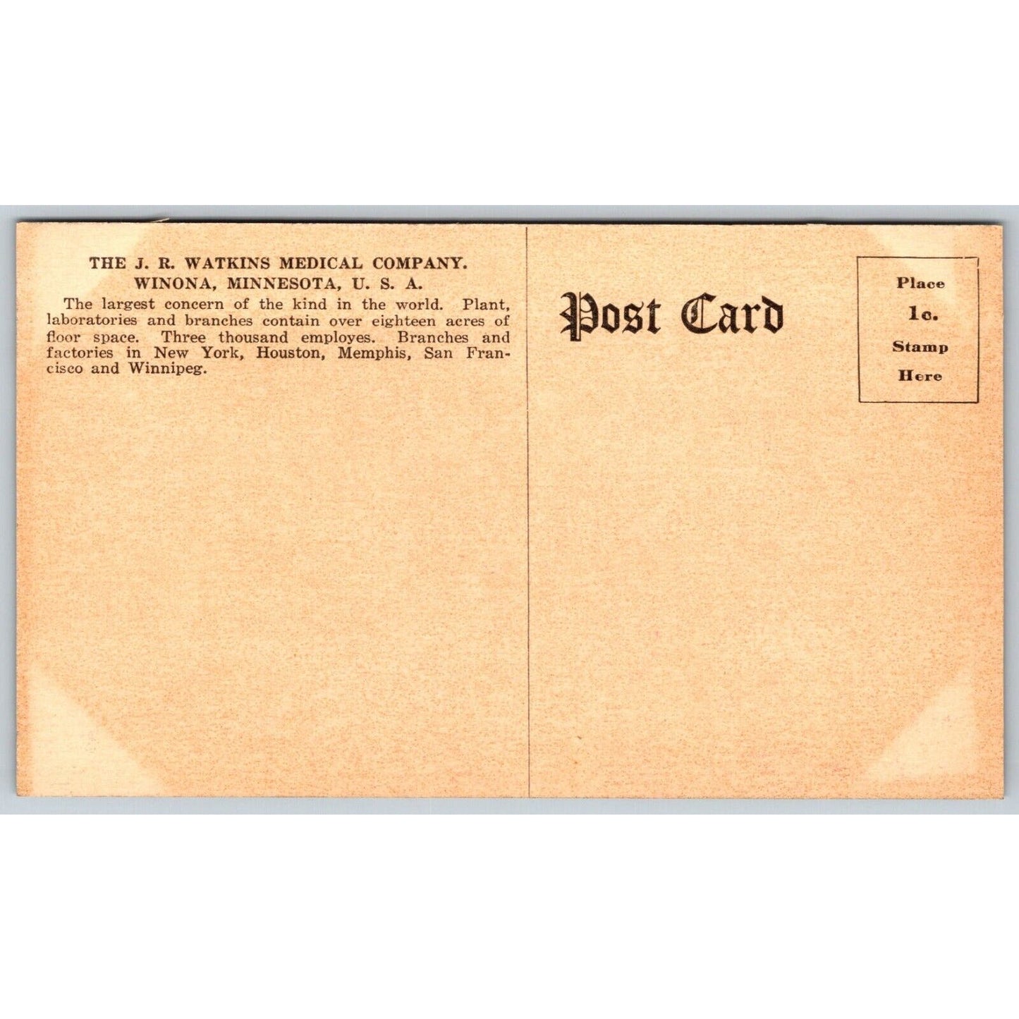 J.R. Watkins Medical Company Winona, MN Advertising Postcard c1914 VGC Scarce