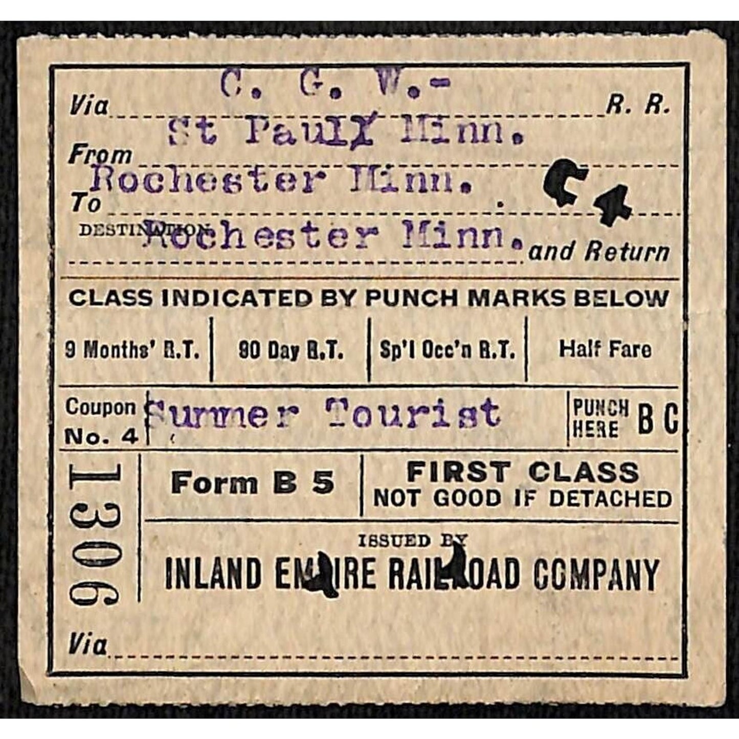 Inland Empire Railroad Ticket St. Paul Rochester, MN 1926 #1306 Scarce