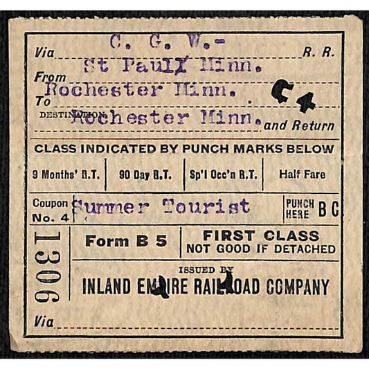 Inland Empire Railroad Ticket St. Paul Rochester, MN 1926 #1306 Scarce