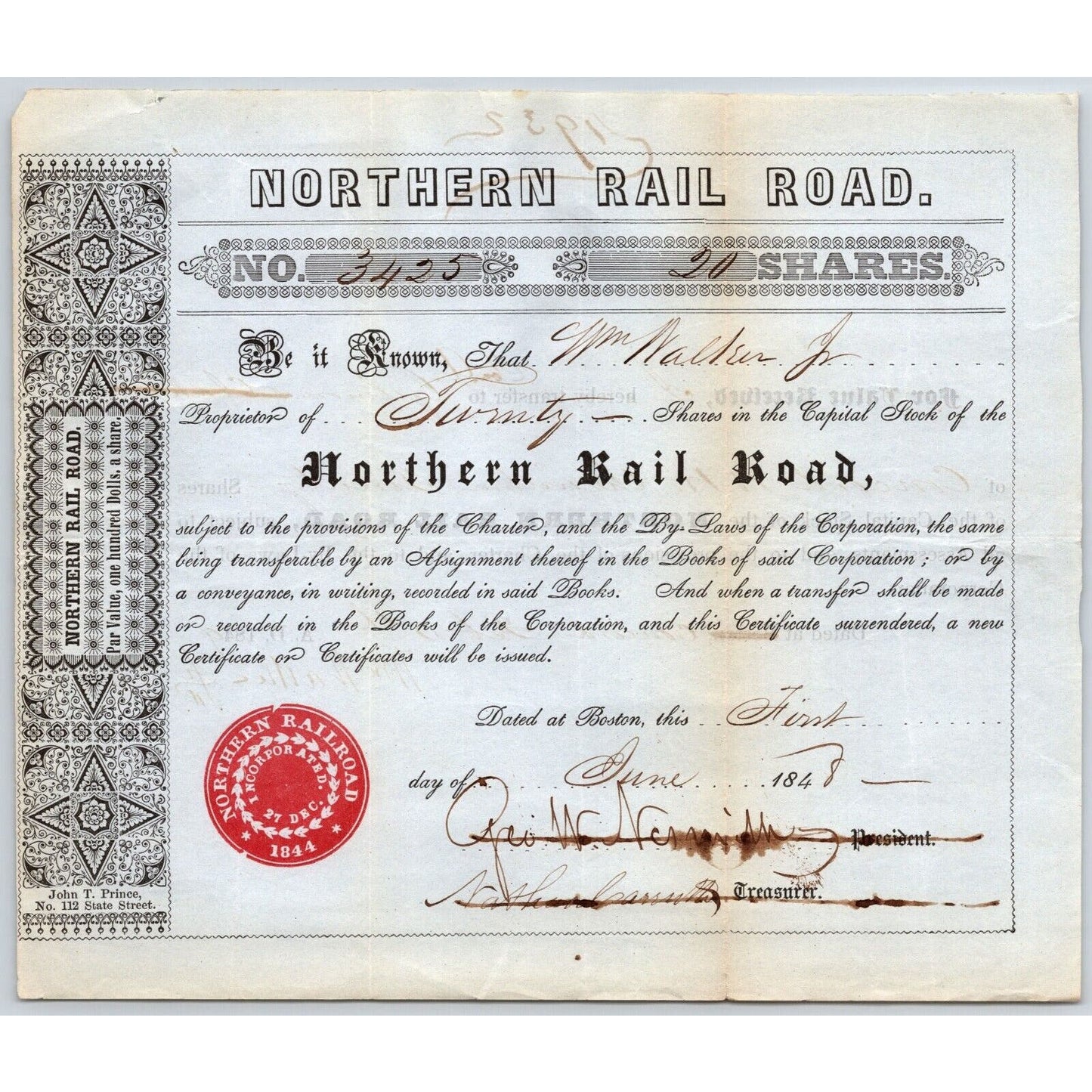 1848 Boston, MA Northern Railroad Stock Certificate No. 3425 for 20 Shares