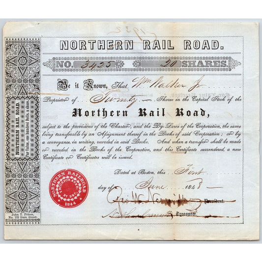 1848 Boston, MA Northern Railroad Stock Certificate No. 3425 for 20 Shares