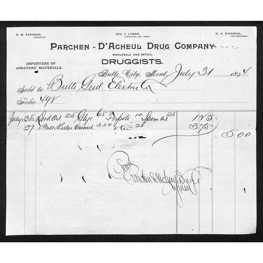 Butte City, MT Parchen & D'Arclieul Drug 1894 Billhead General Electric Power Co
