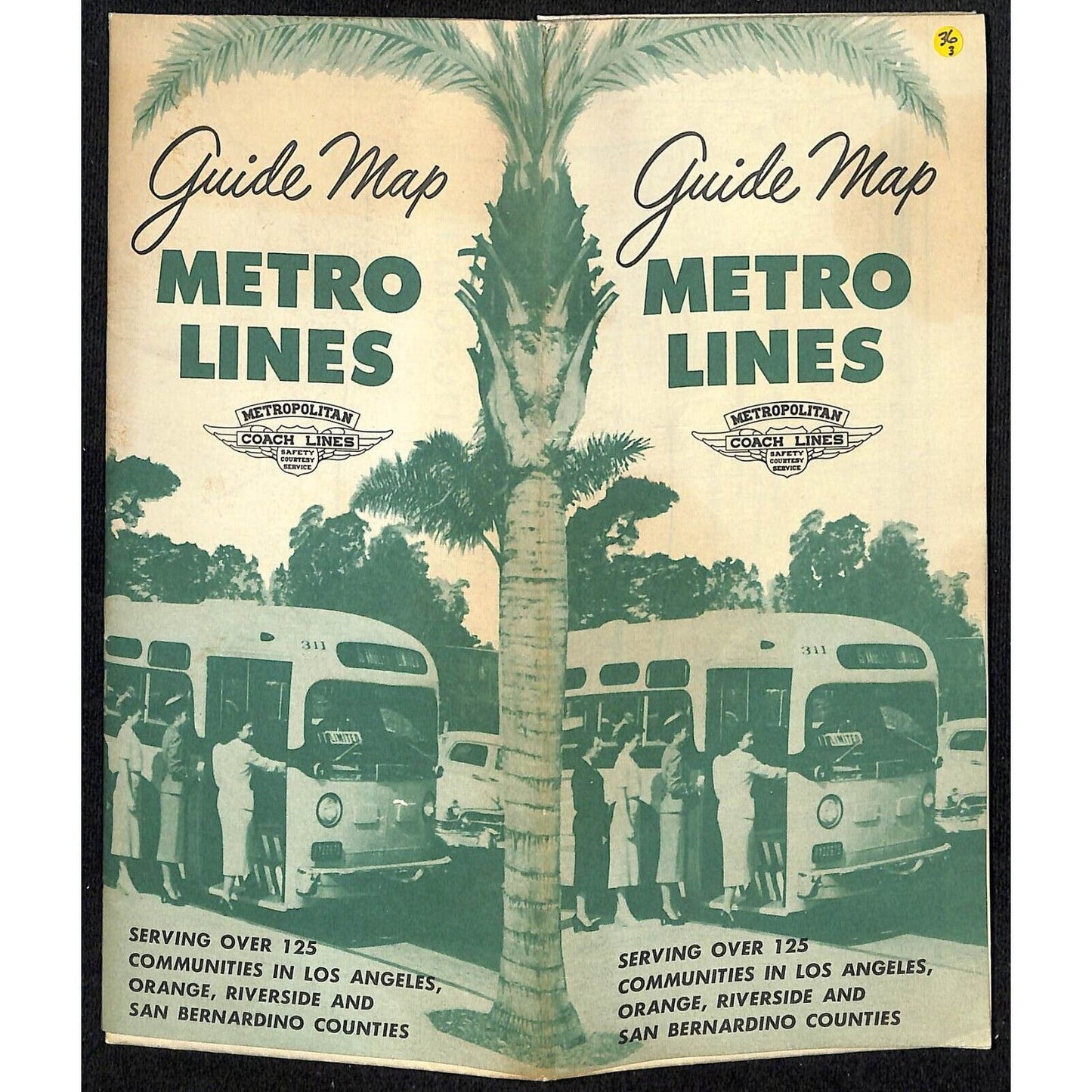 1954 Metropolitan Coach Lines Los Angeles Guide Map 21 1/2" x 33 1/2" VGC