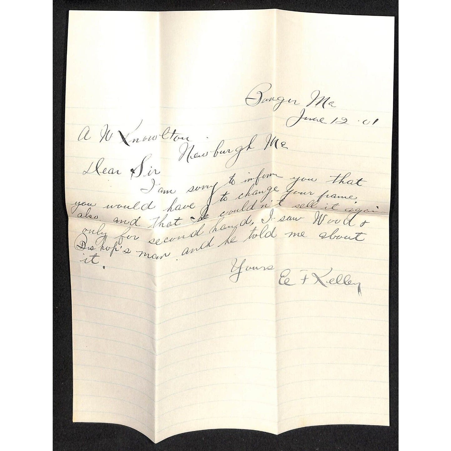 Newburgh, ME Amos W. Knowlton* 1901 ALS re: " "Broken Frame" & "Wood & Bishop"