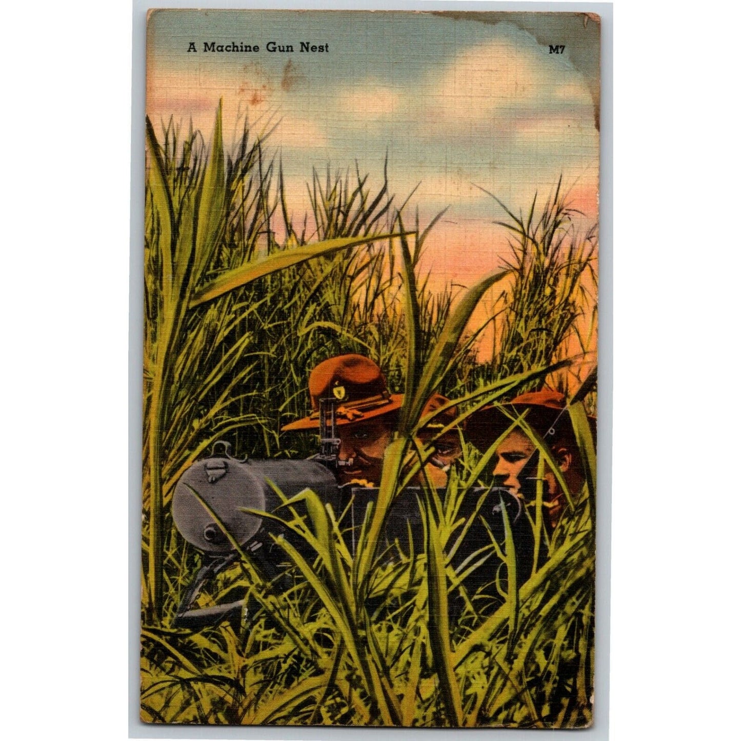 Vintage Linen Postcard Machine Gun Nest - Posted 1942