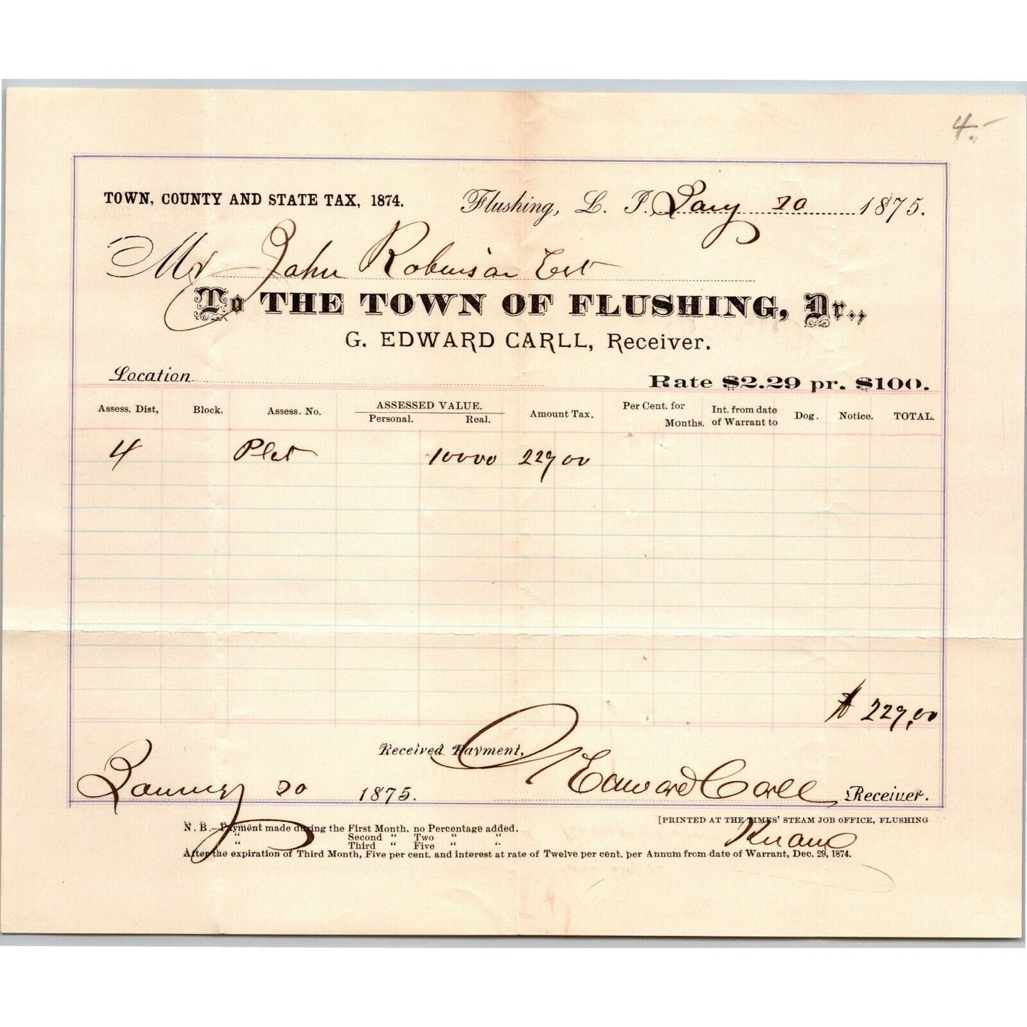 Town of Flushing, Long Island, NY Town County and State Tax Receipt 1875 VGC