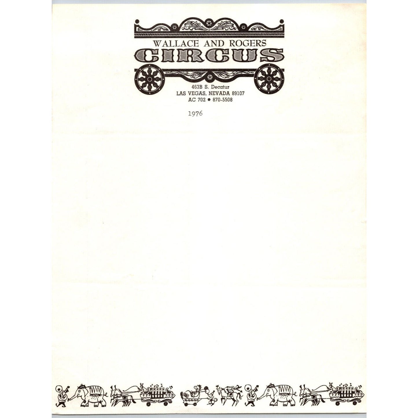 Wallace and Rogers Circus Letterhead 1976 Wagon Las Vegas Scarce