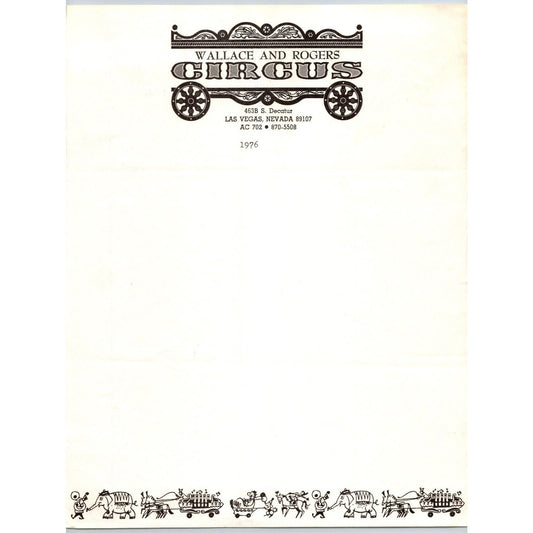 Wallace and Rogers Circus Letterhead 1976 Wagon Las Vegas Scarce