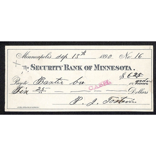 Minneapolis "Security Bank of Minnesota" $6.25 Bank Check 1890 - Scarce
