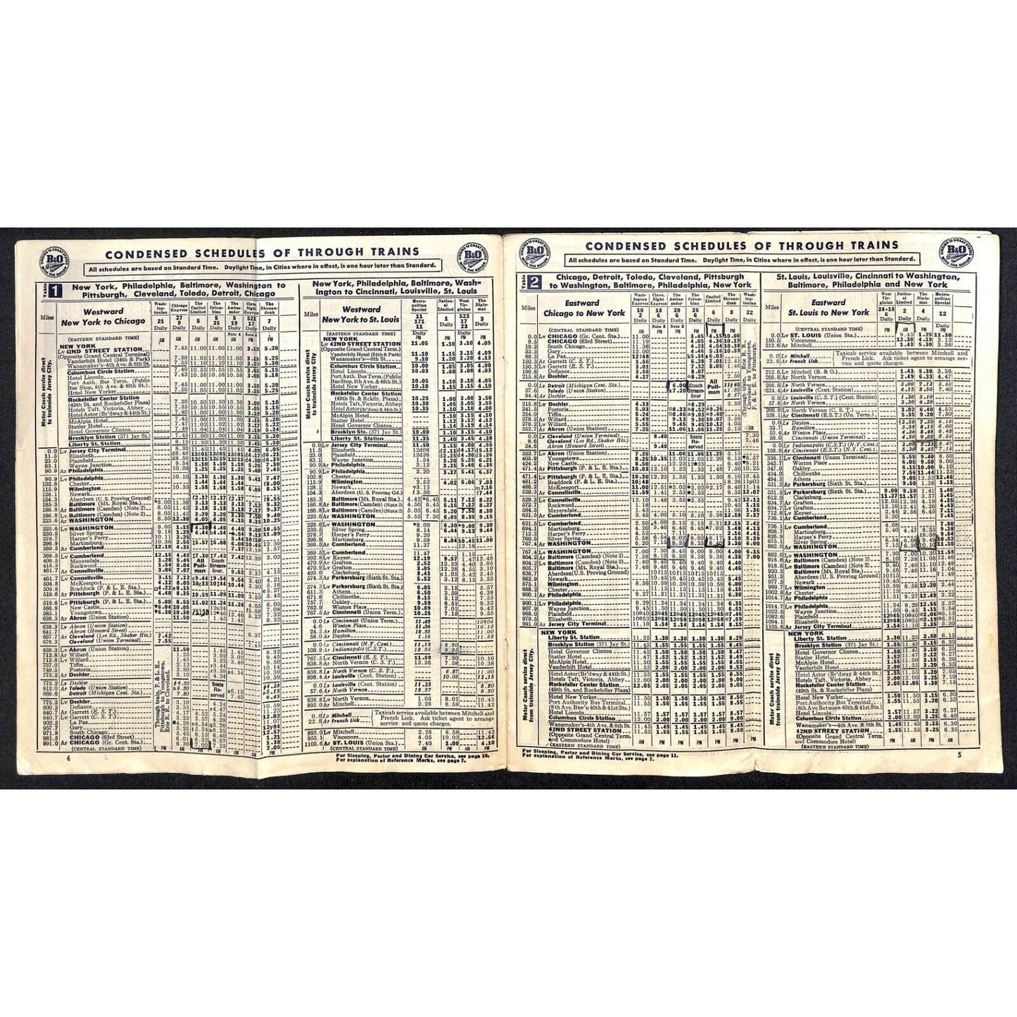 Baltimore & Ohio Railroad April 1954 Condensed Schedules of Through Trains 16pp