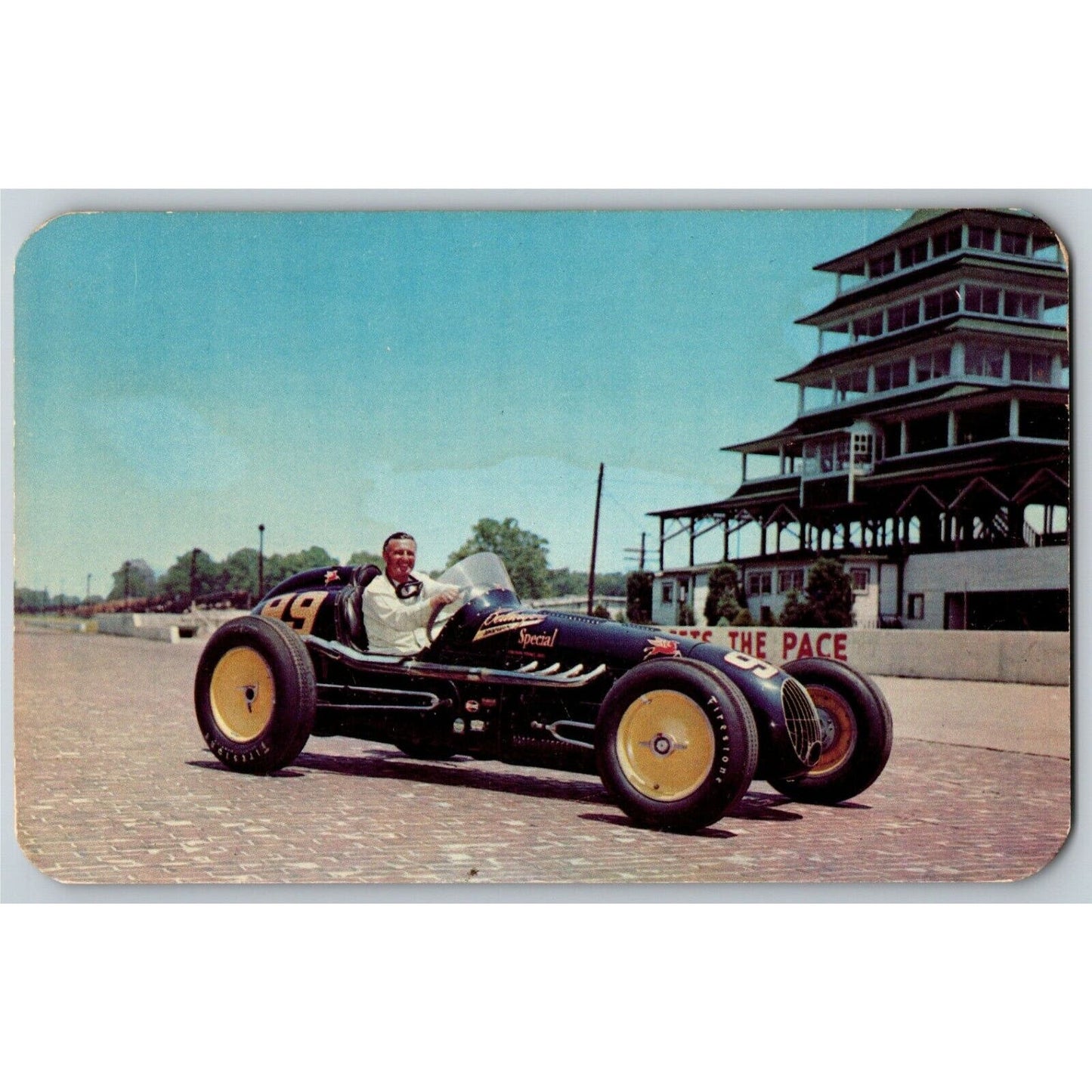 Indy 500 Postcard "1951 Winner Lee Wallard" Near Pagoda Rounded Unposted VGC